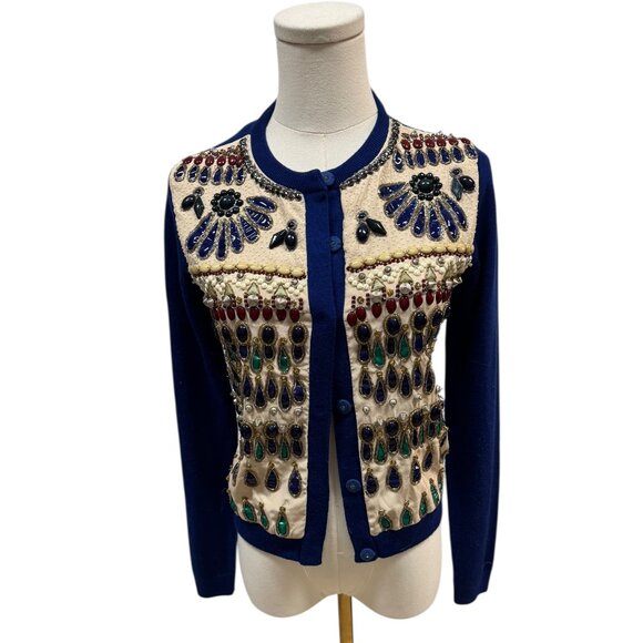 Alice + Olivia Embellished Jewel Cardigan Sweater Blue Cream Size XS - EUC
